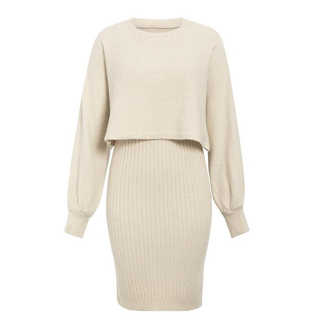 Women's Knitted 2-Piece Set – Bodycon Dress Crop Sweater – Hyperli